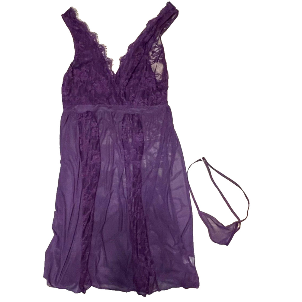 Avid Love Lingerie Set Babydoll & Panty XL Purple Sheer Lace V String‎ Thong